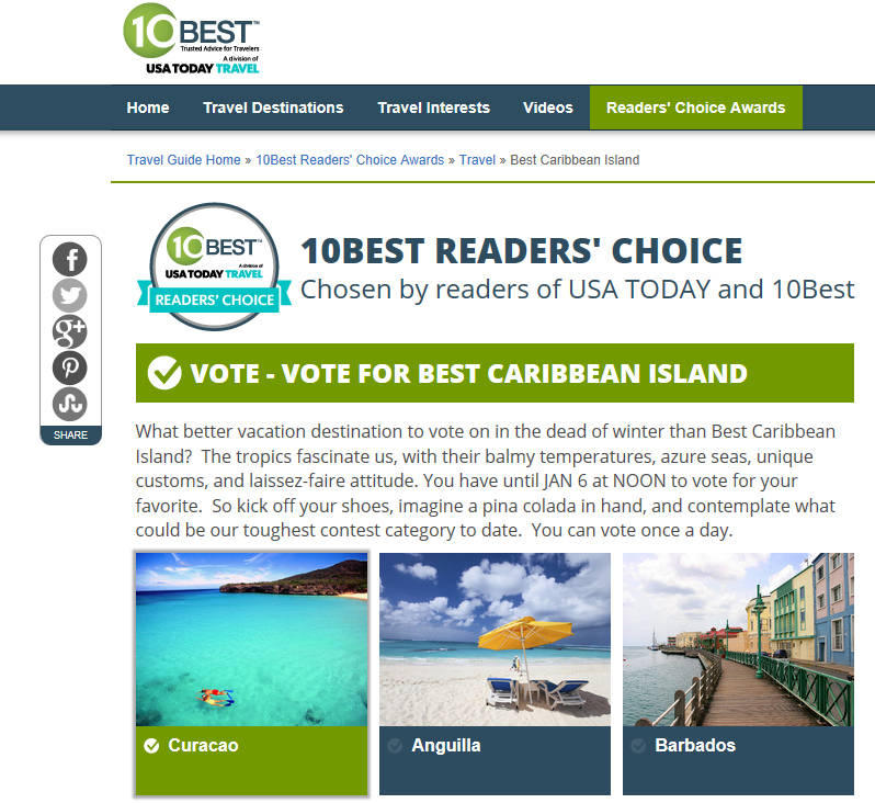 Kòrsou nominado den kompetensia ‘10 Best Readers Choice Travel Award’