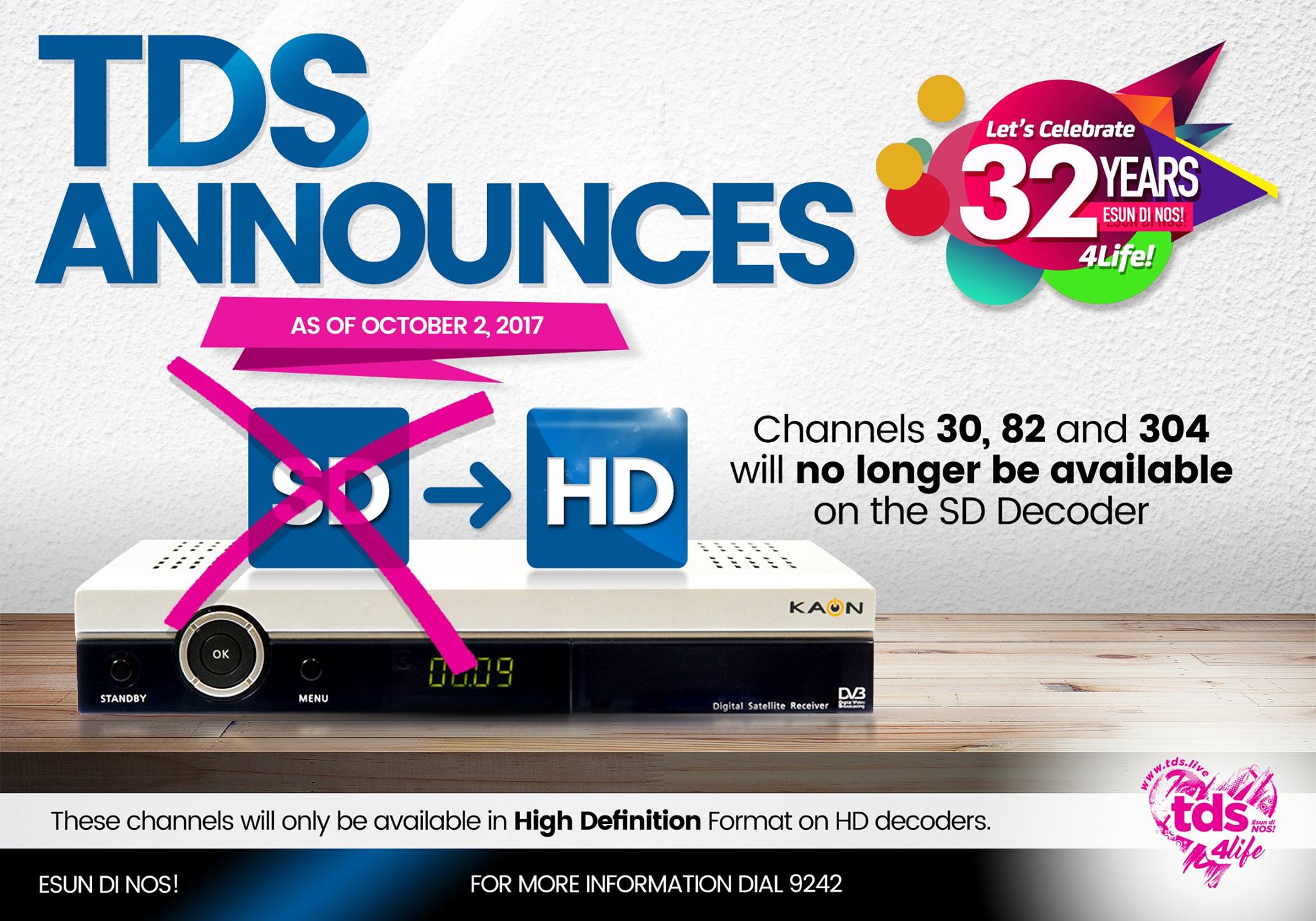 TDS ta klarifiká motibu di kambionan di kanal pa High Definition