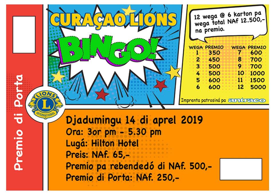 Djadumingu 14 di aprel “Lions Charity BINGO”  ku más ku 12.500 florin na premio kèsh