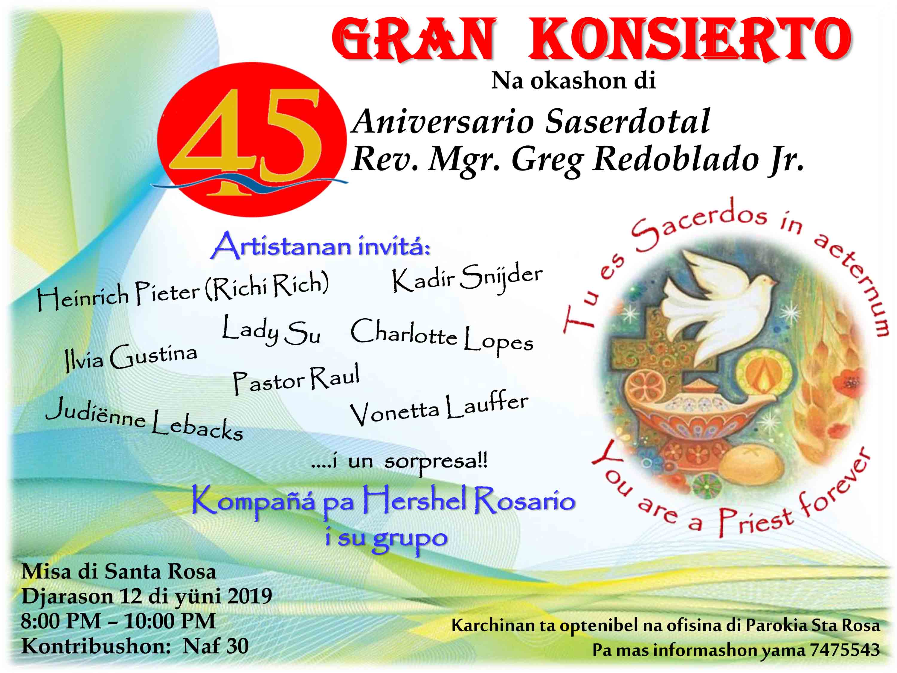 Mgr. Greg ta selebrá su 45 aña  komo saserdote ku gran konsierto.